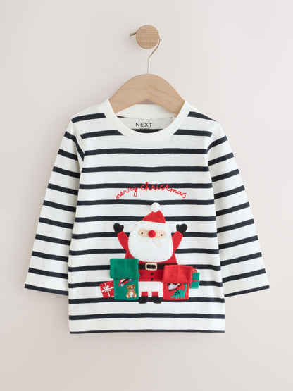 White/Blue Santa Appliqué Christmas Long Sleeve T-Shirt (3mths-7yrs)
