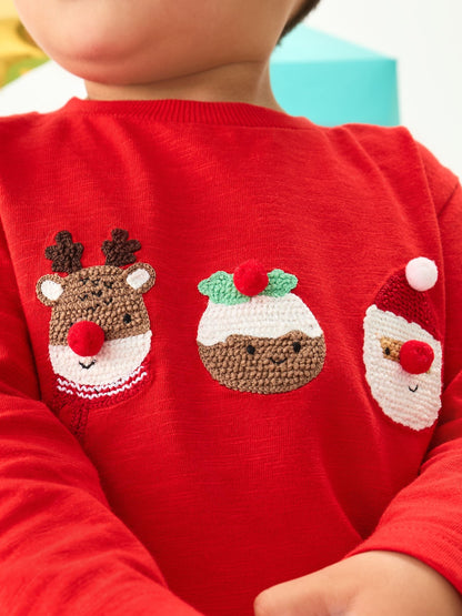Red Trio Character Appliqué Christmas Long Sleeve T-Shirt (3mths-8yrs)