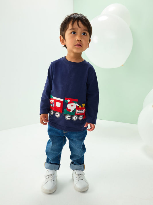 Navy Santa Train Appliqué Christmas Long Sleeve T-Shirt (3mths-7yrs)