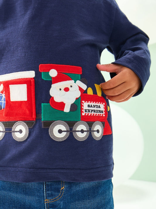 Navy Santa Train Appliqué Christmas Long Sleeve T-Shirt (3mths-7yrs)