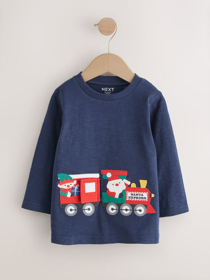 Navy Santa Train Appliqué Christmas Long Sleeve T-Shirt (3mths-7yrs)