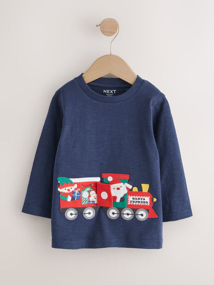 Navy Santa Train Appliqué Christmas Long Sleeve T-Shirt (3mths-7yrs)
