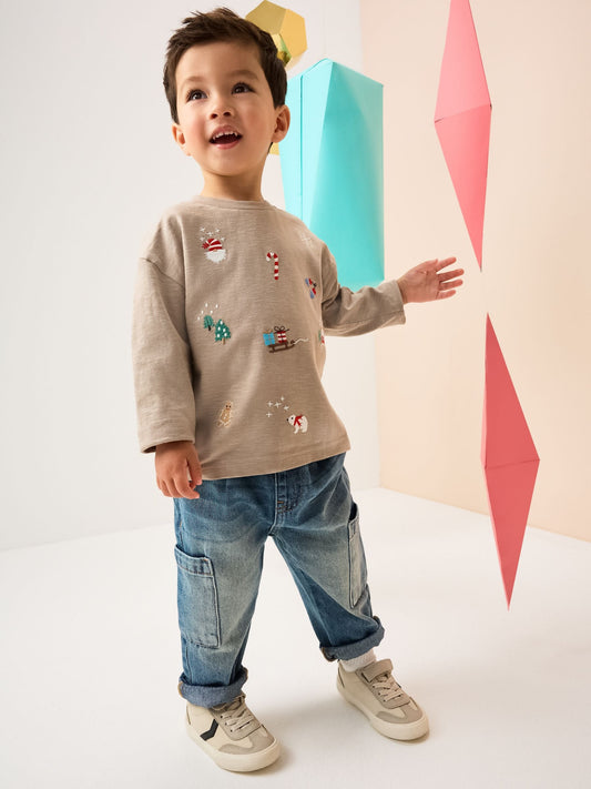 Stone All-Over Embroidered Christmas Long Sleeve T-Shirt (3mths-7yrs)