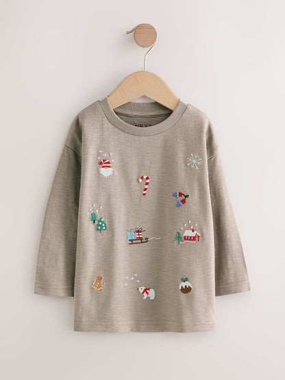 Stone All-Over Embroidered Christmas Long Sleeve T-Shirt (3mths-7yrs)