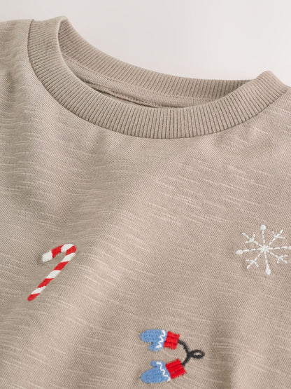 Stone All-Over Embroidered Christmas Long Sleeve T-Shirt (3mths-7yrs)