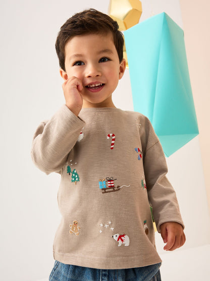 Stone All-Over Embroidered Christmas Long Sleeve T-Shirt (3mths-7yrs)