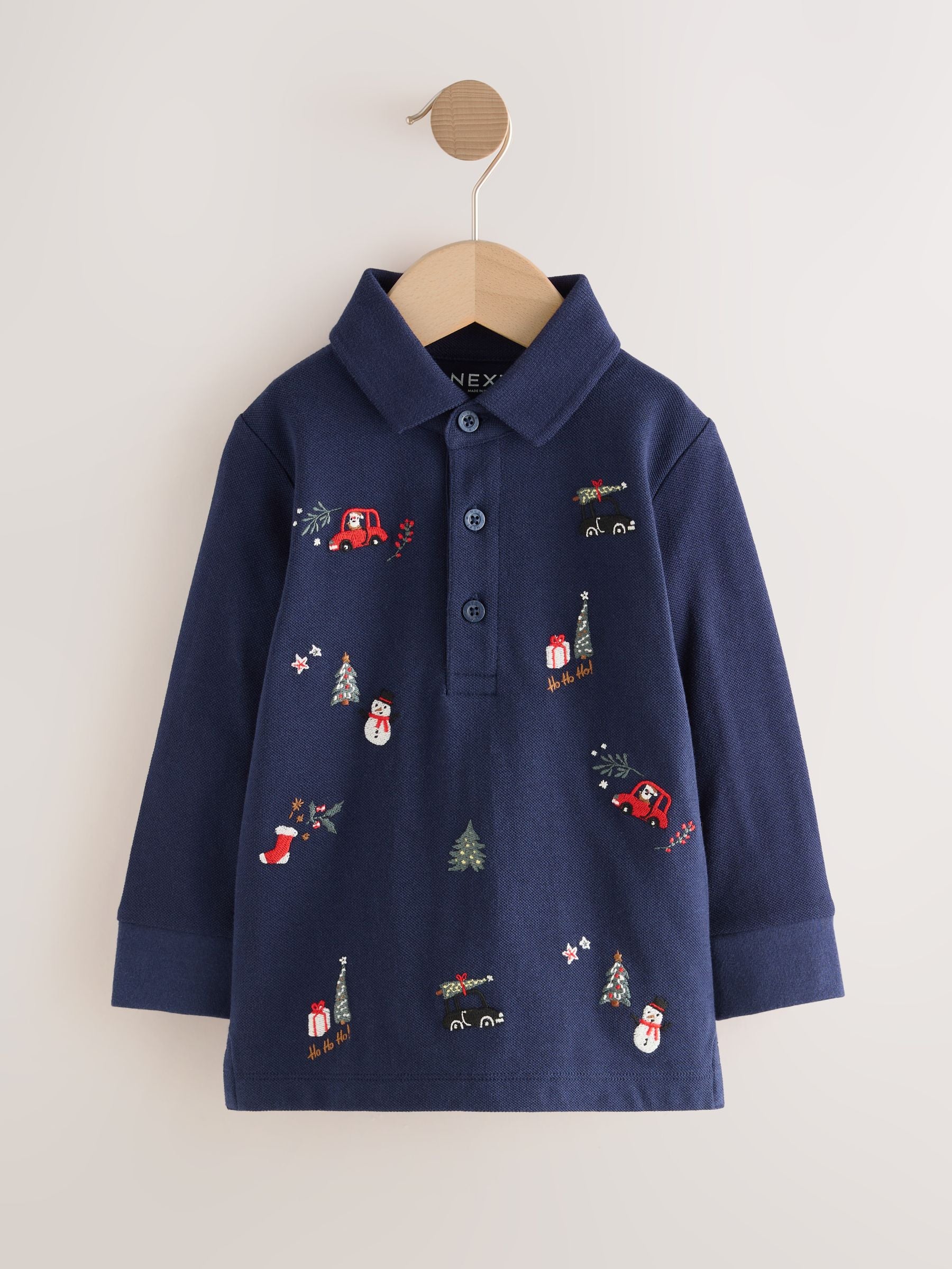 Dsiney Kidz - Navy Christmas All-Over Embroidered Long Sleeve Polo Shirt (3mths-7yrs) image 1