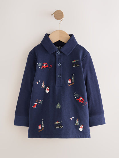 Dsiney Kidz - Navy Christmas All-Over Embroidered Long Sleeve Polo Shirt (3mths-7yrs) image 1