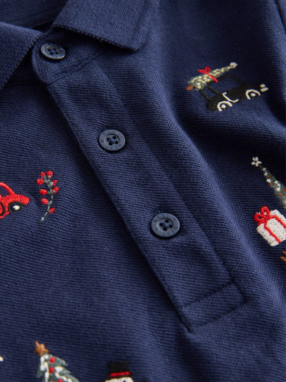 Dsiney Kidz - Navy Christmas All-Over Embroidered Long Sleeve Polo Shirt (3mths-7yrs) image 3