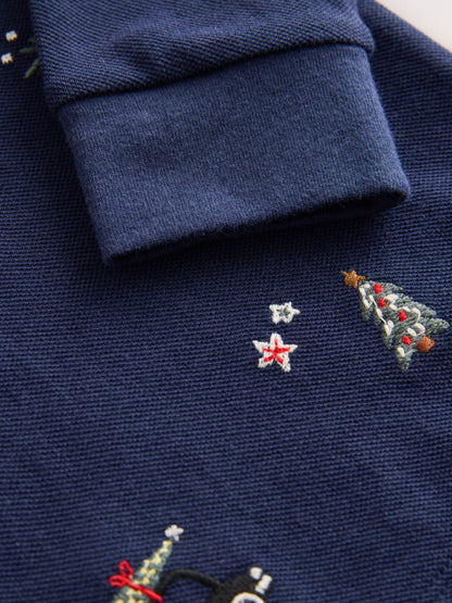 Dsiney Kidz - Navy Christmas All-Over Embroidered Long Sleeve Polo Shirt (3mths-7yrs) image 4