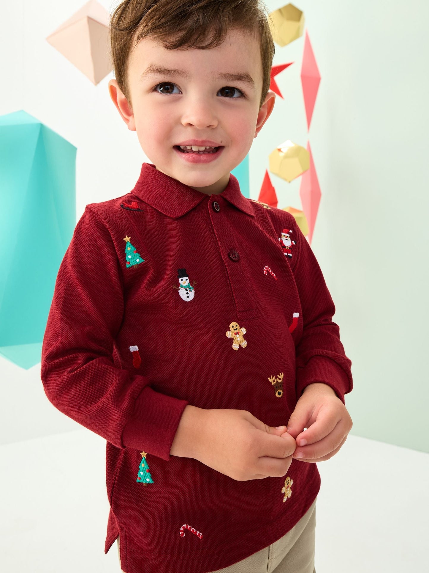 Berry Red Christmas All-Over Embroidered Long Sleeve Polo Shirt (3mths-7yrs)