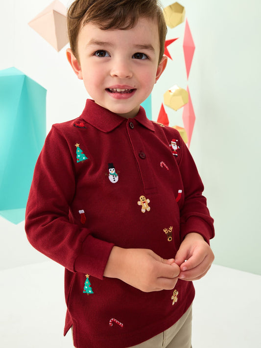 Berry Red Christmas All-Over Embroidered Long Sleeve Polo Shirt (3mths-7yrs)