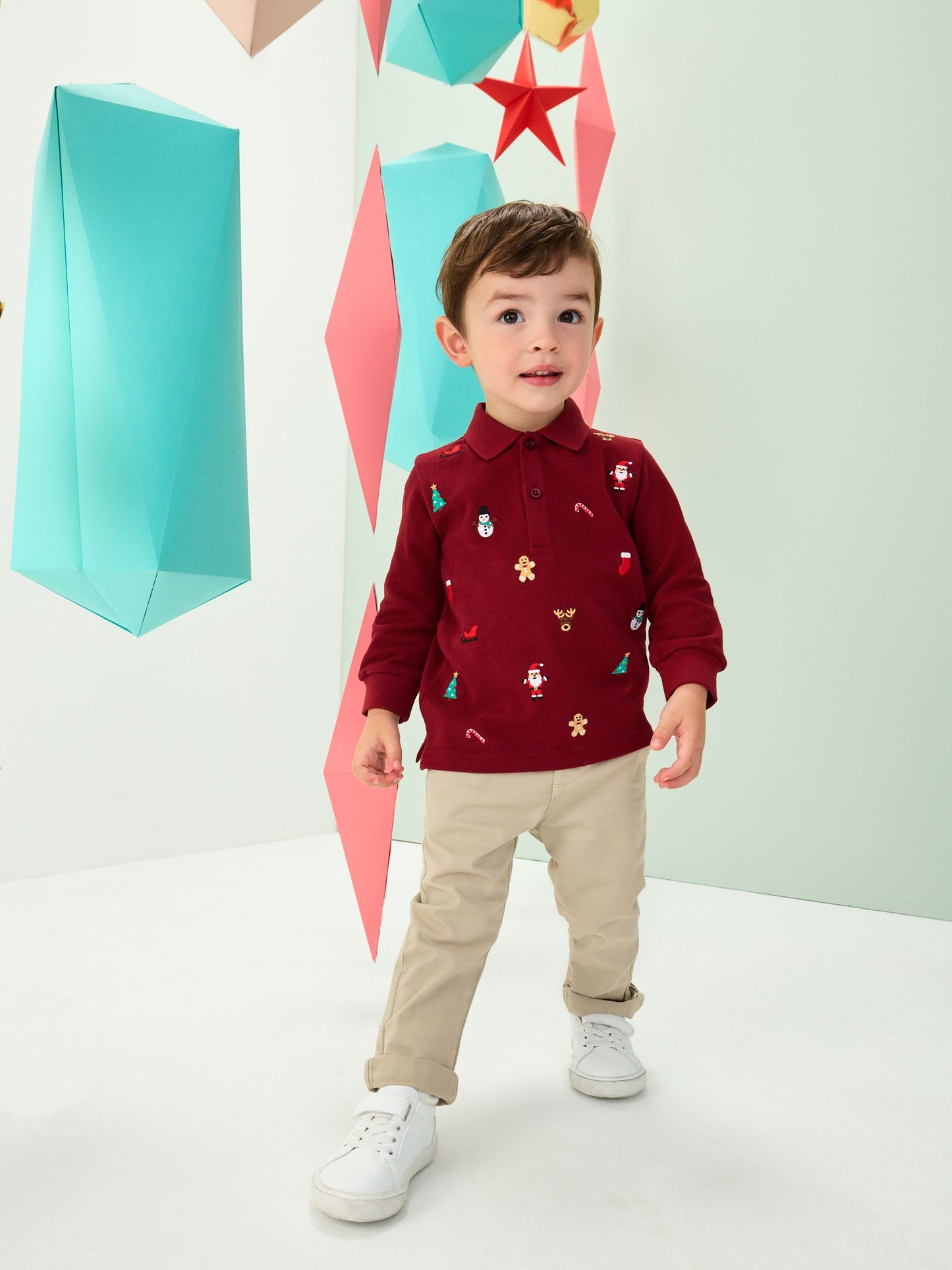 Berry Red Christmas All-Over Embroidered Long Sleeve Polo Shirt (3mths-7yrs)