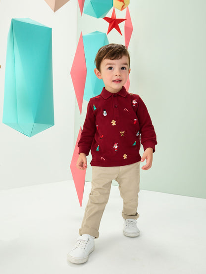 Berry Red Christmas All-Over Embroidered Long Sleeve Polo Shirt (3mths-7yrs)