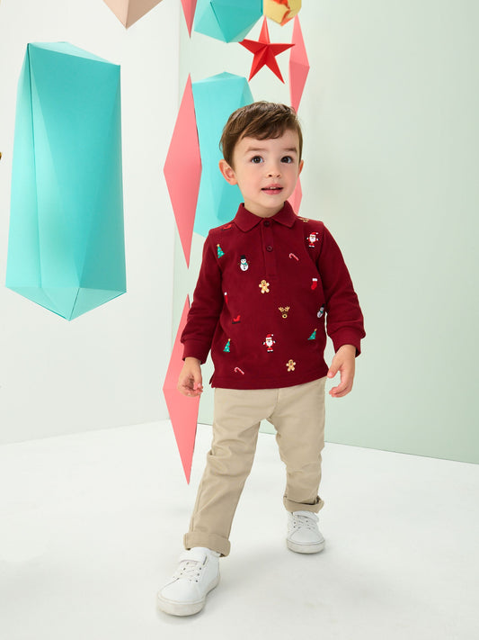 Berry Red Christmas All-Over Embroidered Long Sleeve Polo Shirt (3mths-7yrs)