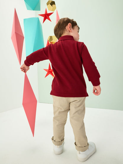 Berry Red Christmas All-Over Embroidered Long Sleeve Polo Shirt (3mths-7yrs)