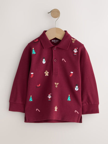 Berry Red Christmas All-Over Embroidered Long Sleeve Polo Shirt (3mths-7yrs)