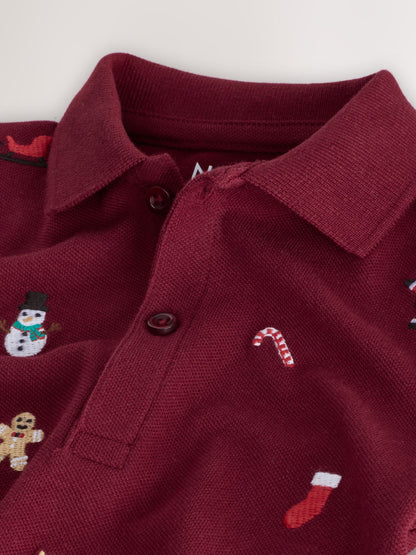 Berry Red Christmas All-Over Embroidered Long Sleeve Polo Shirt (3mths-7yrs)