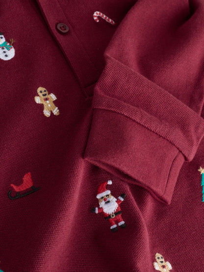 Berry Red Christmas All-Over Embroidered Long Sleeve Polo Shirt (3mths-7yrs)