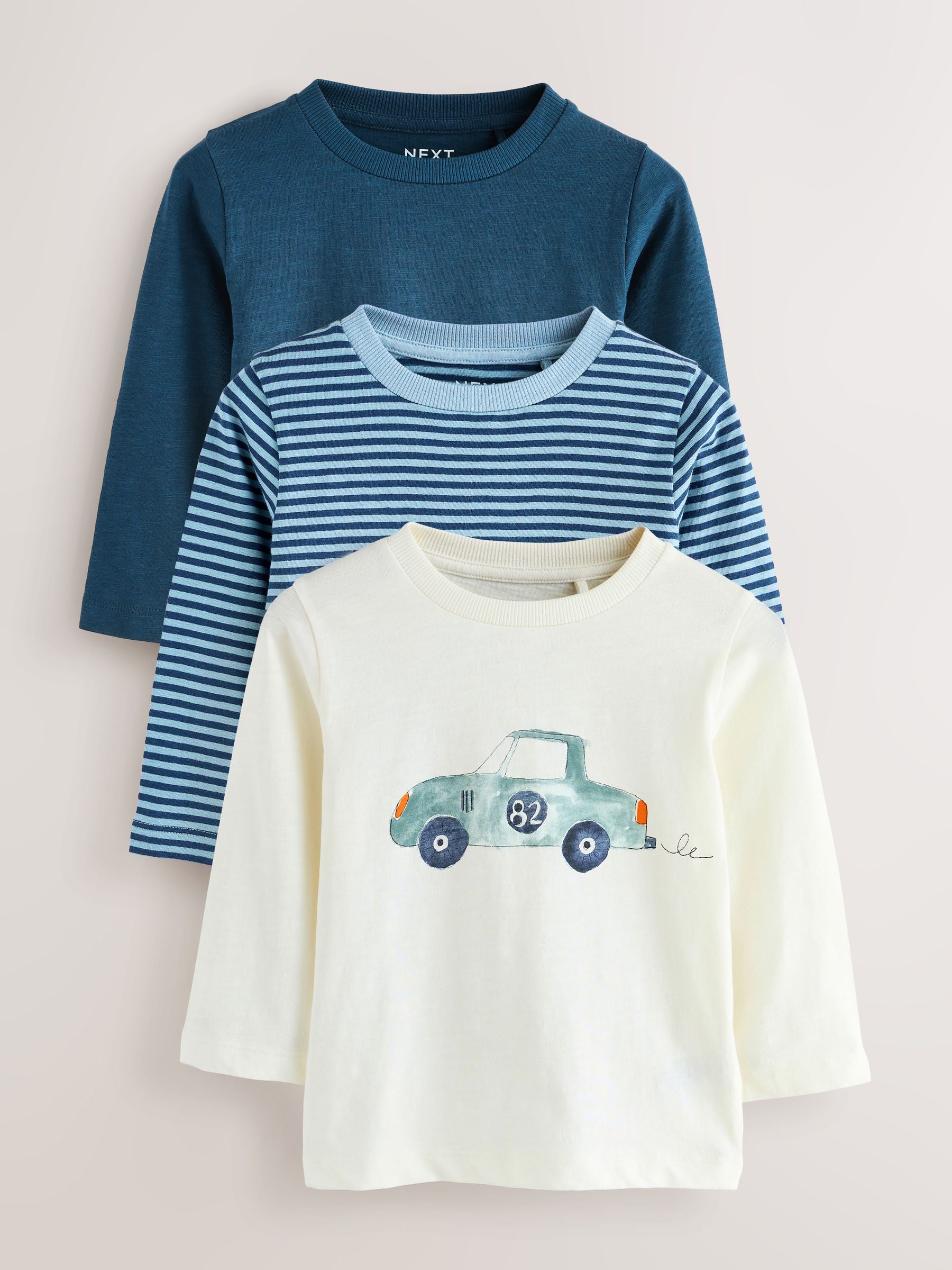 Blue Watercolour Car Long Sleeve Animal Print Character T-Shirts 3 Pack (3mths-7yrs) image 1