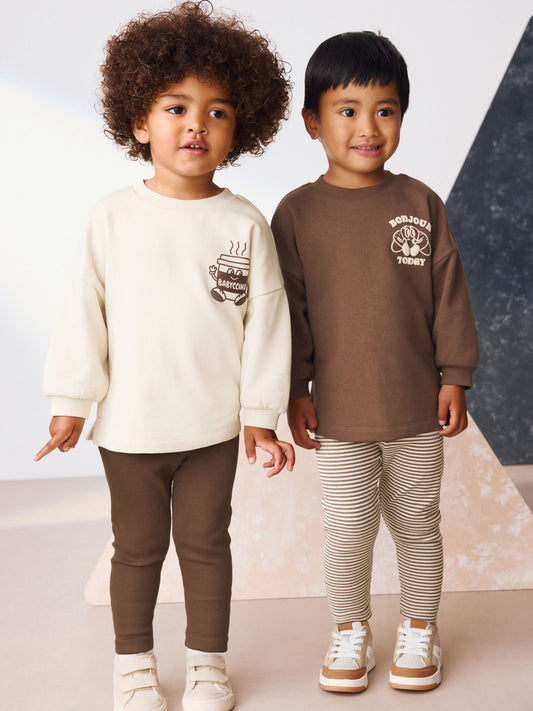 Brown/Cream Babyccino Long Sleeve Tops & Leggings Set 2 Pack (3mths-7yrs) image 1