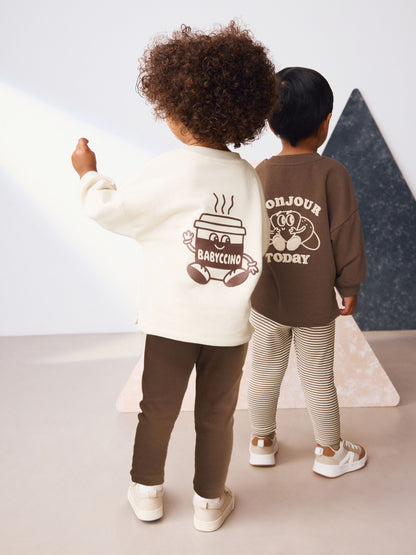 Brown/Cream Babyccino Long Sleeve Tops & Leggings Set 2 Pack (3mths-7yrs) image 2