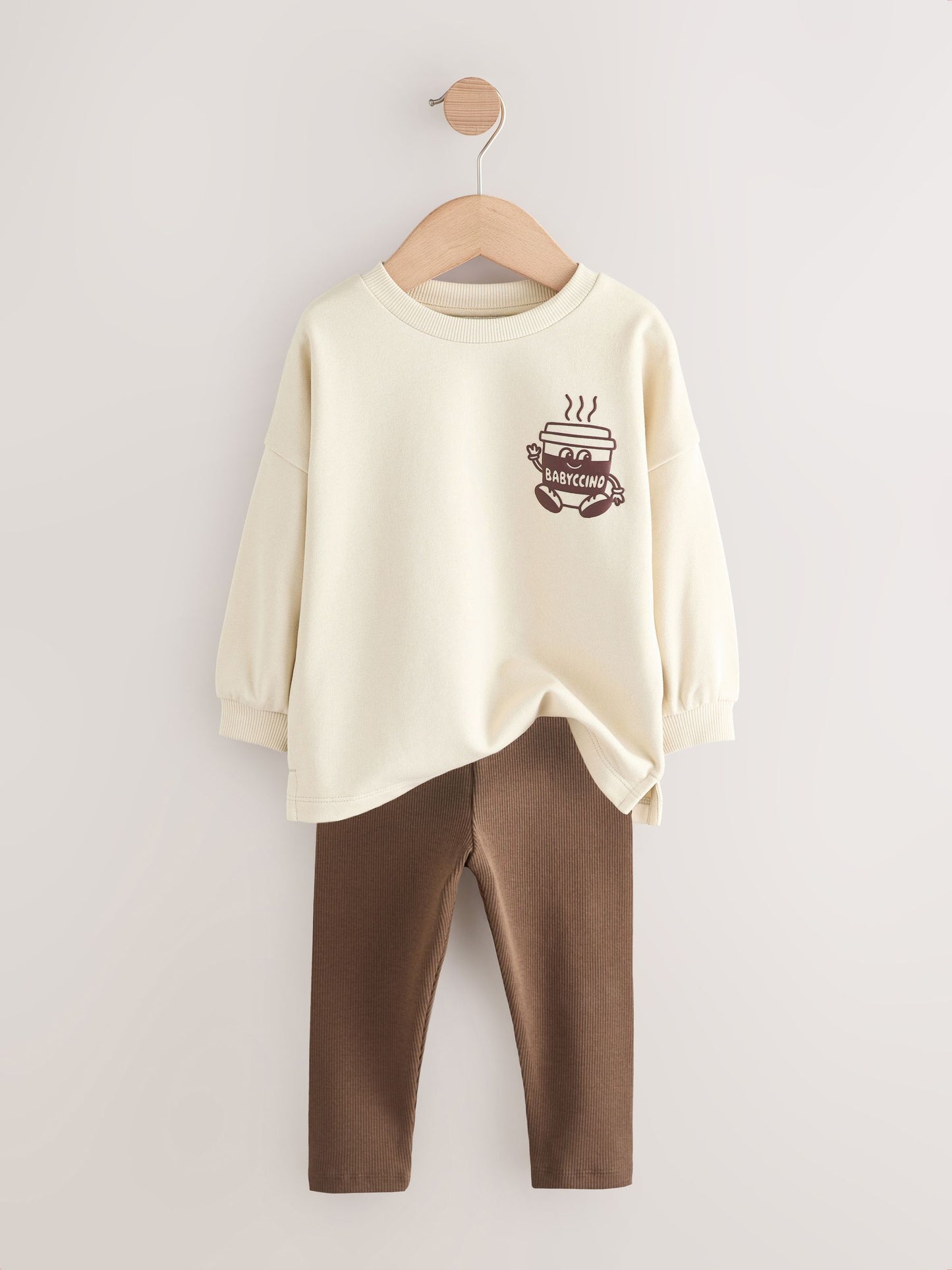 Brown/Cream Babyccino Long Sleeve Tops & Leggings Set 2 Pack (3mths-7yrs) image 4