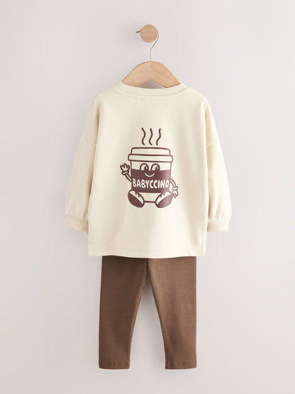 Brown/Cream Babyccino Long Sleeve Tops & Leggings Set 2 Pack (3mths-7yrs) image 6