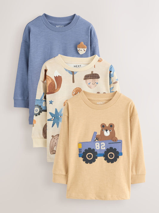 Blue Woodland Long Sleeve Appliqué T-Shirts 3 Pack (3mths-7yrs) image 1