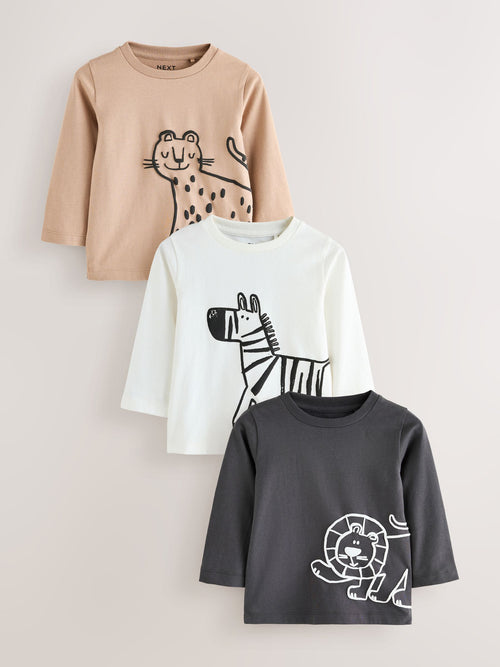 Tan/White/Black Safari Long Sleeve Graphic Print T-Shirts 3 Pack (3mths-7yrs) image 1