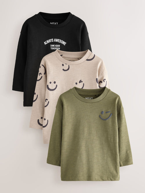 Khaki/Cream Smile Long Sleeve Animal Print Character T-Shirts 3 Pack (3mths-7yrs) image 1