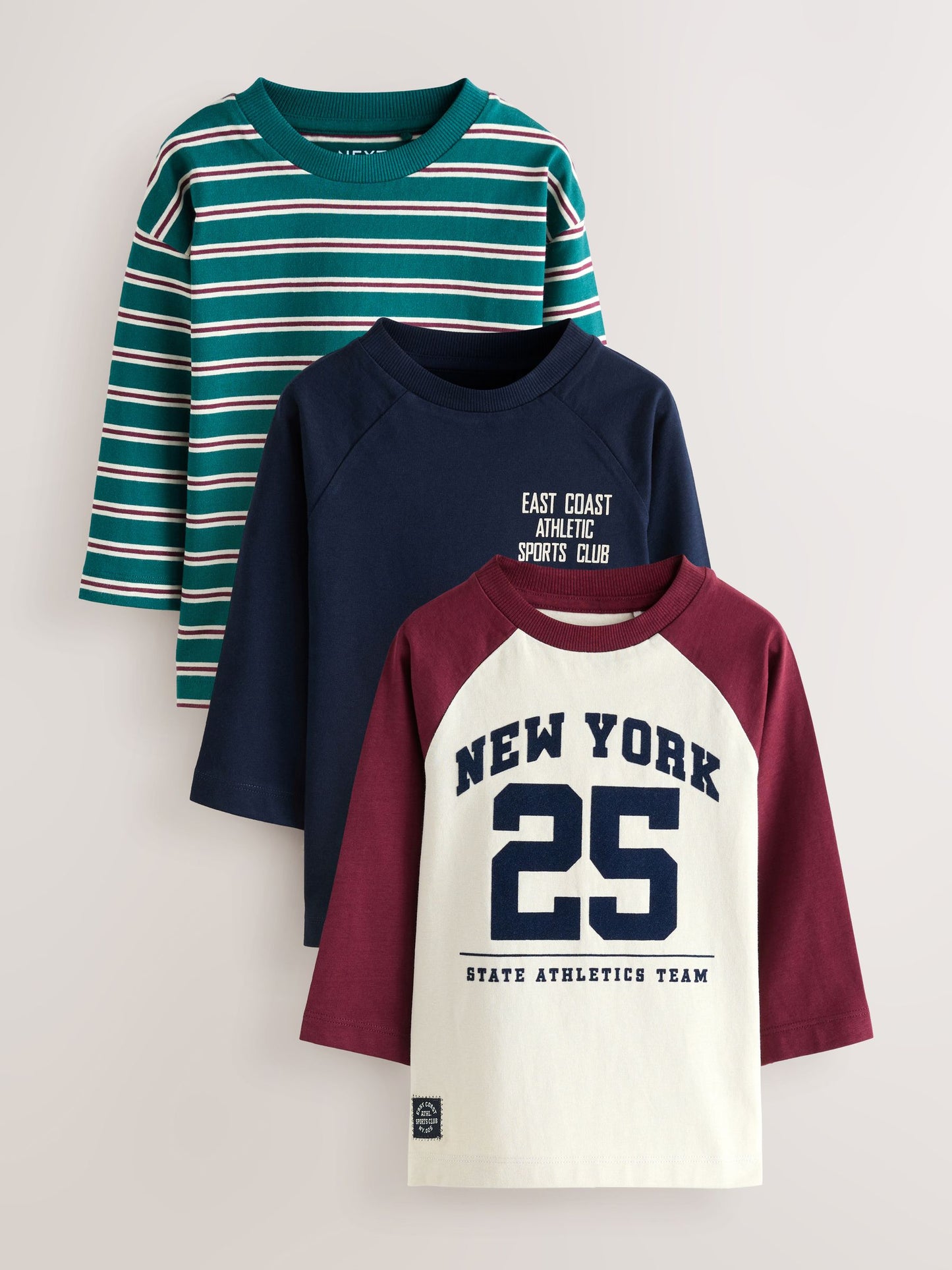 Navy Varsity Long Sleeve Graphic Print T-Shirts 3 Pack (3mths-7yrs) image 1
