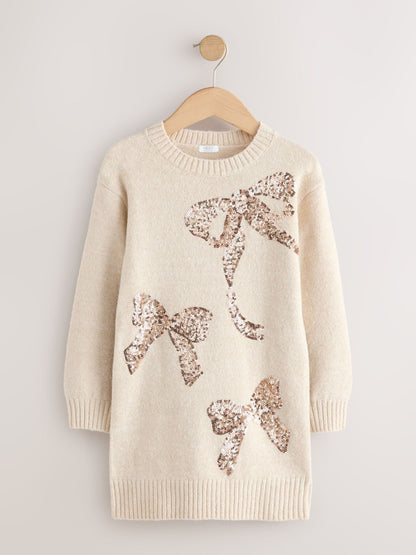 Ecru Bow Embellished Knit Jumper Dress (3-16yrs)