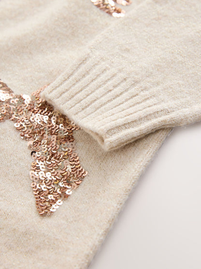 Ecru Bow Embellished Knit Jumper Dress (3-16yrs)