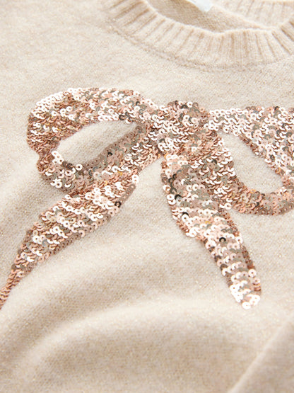 Ecru Bow Embellished Knit Jumper Dress (3-16yrs)