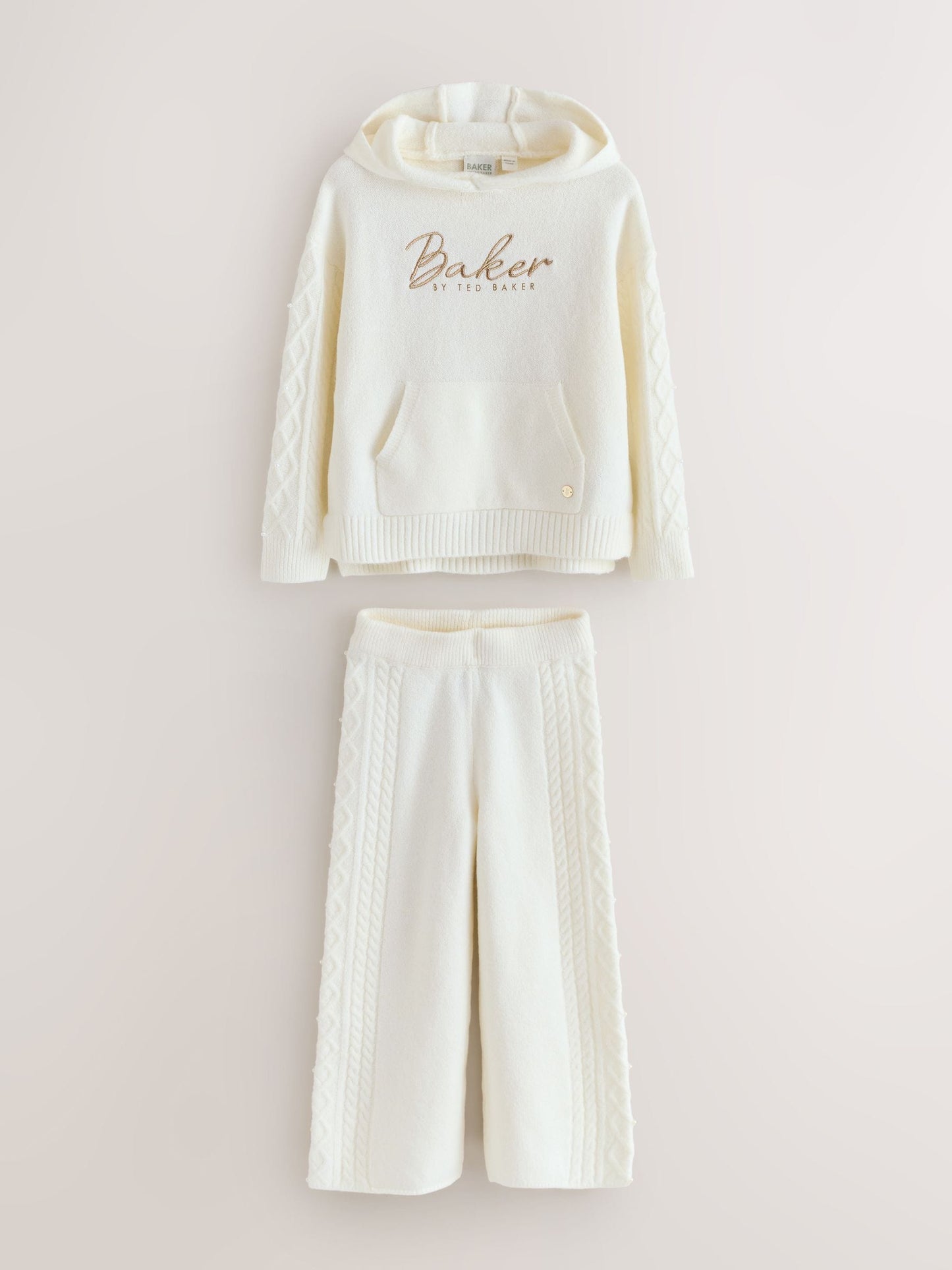Baker by Ted Baker 2 Piece Knitted Lounge Pearl Hoodie & Wide Leg Trousers Set