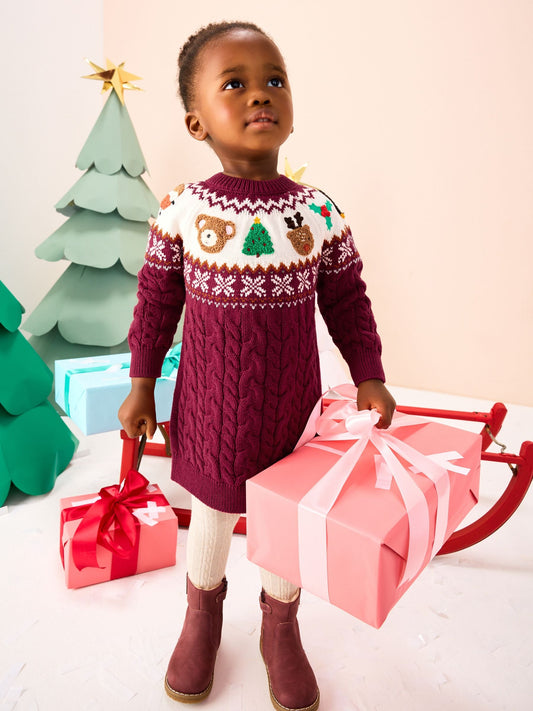 Plum Christmas Fairisle Pattern Character Jumper Dress (3mths-10yrs)
