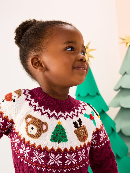 Plum Christmas Fairisle Pattern Character Jumper Dress (3mths-10yrs)