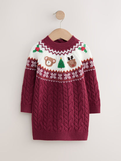 Plum Christmas Fairisle Pattern Character Jumper Dress (3mths-10yrs)