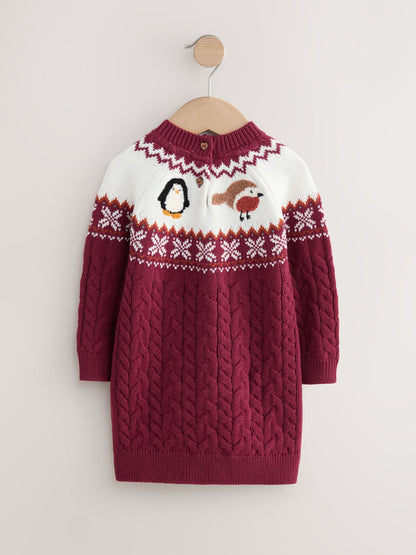 Plum Christmas Fairisle Pattern Character Jumper Dress (3mths-10yrs)