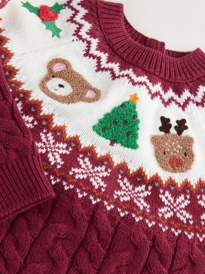 Plum Christmas Fairisle Pattern Character Jumper Dress (3mths-10yrs)