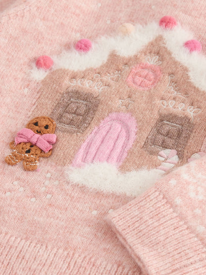 Pink Christmas Gingerbread House Jumper (3mths-7yrs)