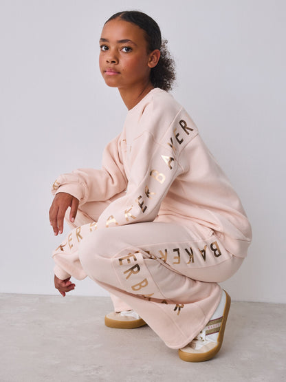 Baker by Ted Baker Pink 2 Piece Metallic Side Graphic Sweat & Wide Leg Joggers Set image 3