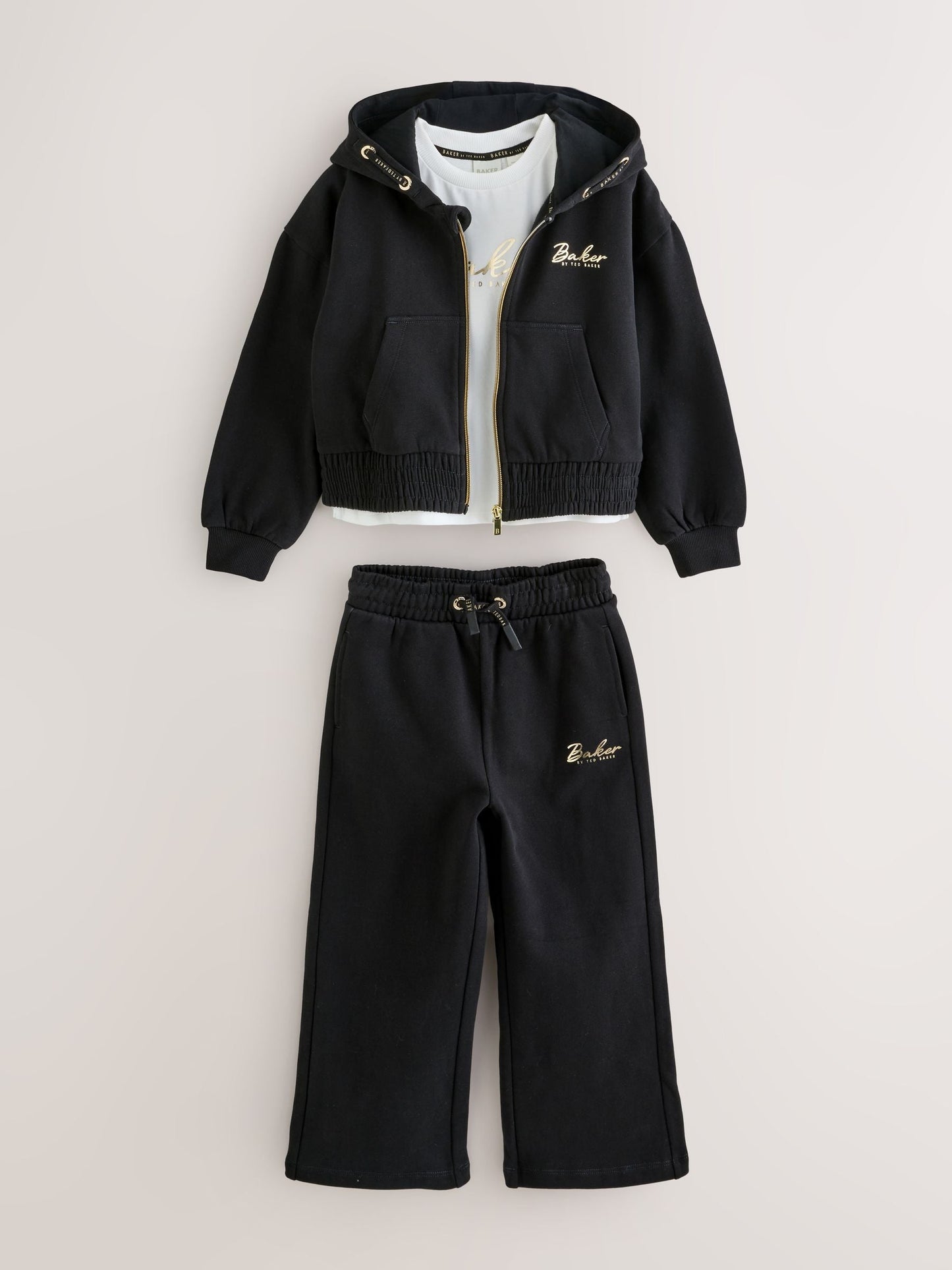 Baker by Ted Baker 3 Piece Zip-Thru Black Hoodies T-Shirts & Wide Leg Joggers Set