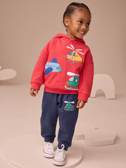 Red/Navy Blue Appliqué Transport Hoodie And Joggers Set (3mths-7yrs)