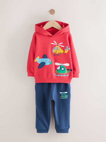 Red/Navy Blue Appliqué Transport Hoodie And Joggers Set (3mths-7yrs)