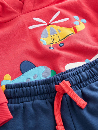 Red/Navy Blue Appliqué Transport Hoodie And Joggers Set (3mths-7yrs)