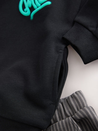 Black and Grey Printed Hoodie and Carpenter Joggers Set (3mths-7yrs)