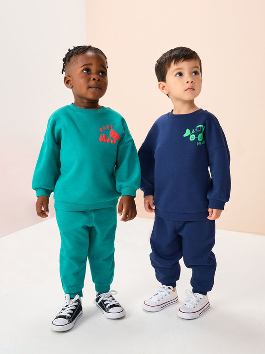 Navy Blue / Green Transport Printed 2 Pack Printed Crew Neck Sweat Top & Jogger Sets (3mths-7yrs) image 1