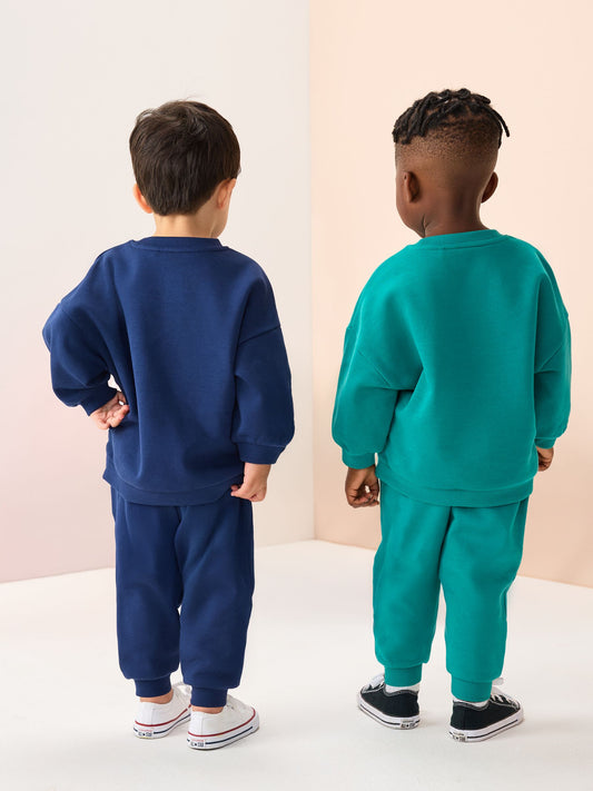 Navy Blue / Green Transport Printed 2 Pack Printed Crew Neck Sweat Top & Jogger Sets (3mths-7yrs) image 3